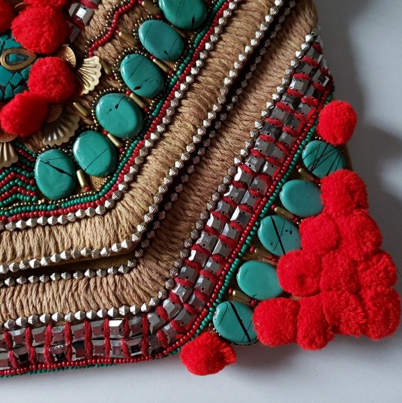 Anthropologie Beaded Pom Pom Envelope Clutch - Picture 8 of 8